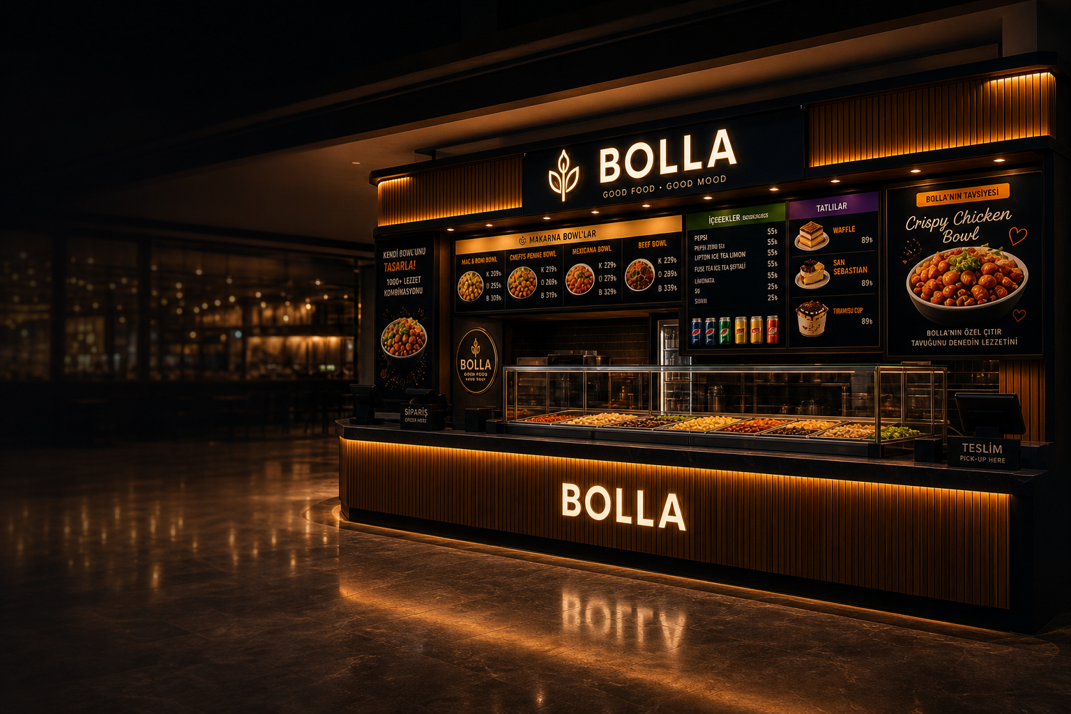 BOLLA mağaza — warm wood, amber ışık, modern kiosk